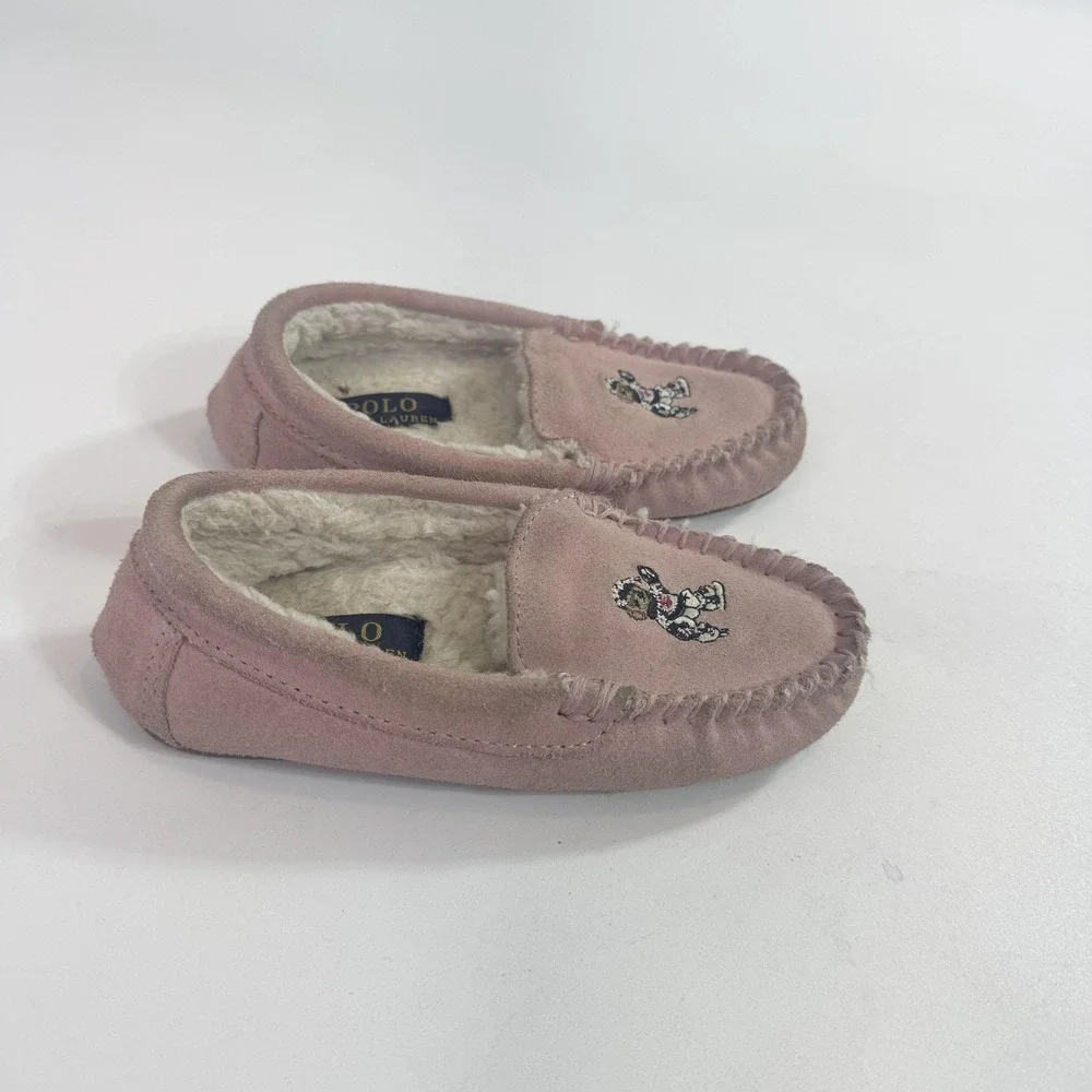 Polo Ralph Lauren Slippers Girls 11 Pink Suede Moccasin Polo Bear Cozy Lined